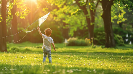 A young boy joyfully flies white kite in a park on a sunny day, surrounded by green trees and grass - Powered by Adobe