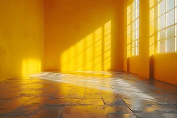 Sunlit Yellow Studio with Glossy Floor and Shadow Play. Concept Studio Photoshoot, Yellow Aesthetic, Glossy Floor, Shadow Play