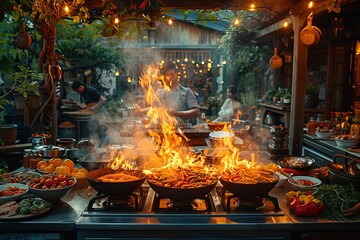 A group of people are cooking food on a stove with flames coming out of it - obrazy, fototapety, plakaty
