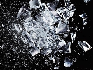 Ice crushed against a black background, with shards spreading away to create the illusion of an ice explosion. 