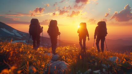 Silhouettes of four young hikers with backpacks are walking in mountains at sunset time.