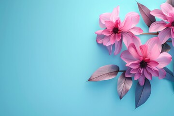 Fototapeta na wymiar Pink flowers blooming on blue background with leaves. Generative AI