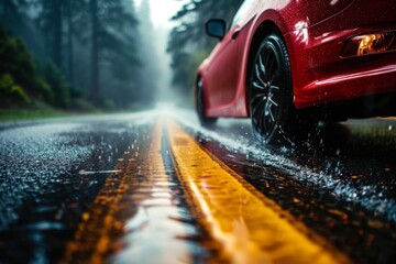 Red car with bright automotive lighting drives on wet asphalt road in the rain