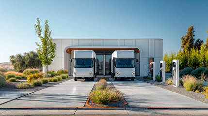 Sustainable public transport solution, electric buses at charging station. Urban green energy, zero emissions commute. Modern cityscape, renewable resources. Ecological network infrastructure.