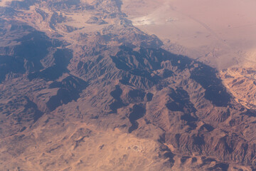 Aerial view of the mountains and sandy plateau of Egypt, the Sinai Peninsula. Aerial photography.