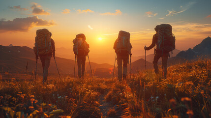 Silhouettes of four young hikers with backpacks are walking in mountains at sunset time. - Powered by Adobe