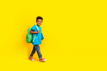 Fototapeta na wymiar Full body photo of mixed race multiethnic multinational child dressed blue t-shirt bag book go empty space isolated on yellow background