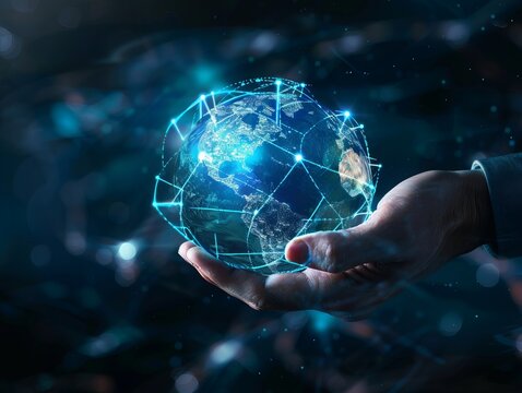 Global business, internet network connection, business intelligence concept depicted by a businessman's hand holding a global network against a futuristic technology background