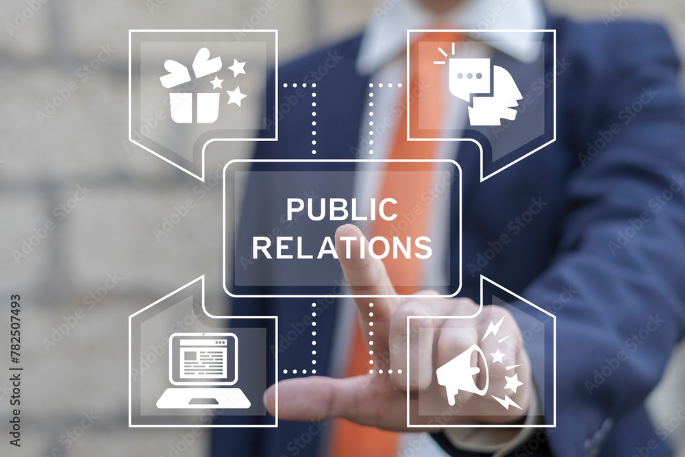 Poster business man using virtual touch screen clicks text: pr public relations. pr public relations concep