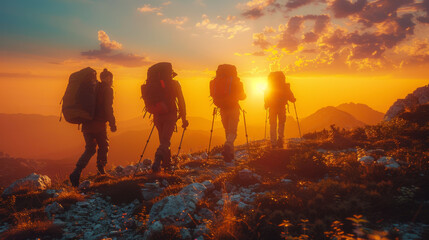 Silhouettes of four young hikers with backpacks are walking in mountains at sunset time.