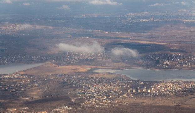 Aerial photography. Chisinau, Moldova, view from the airplane window. Winter panorama.