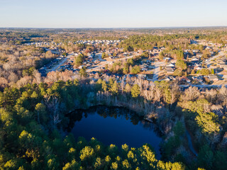 Aerial landscape of pond at Euchee Creek Greenway Trail during Fall in Grovetown Augusta Georgia