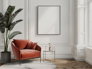 Mockup frame in living room interior background. 3d render.