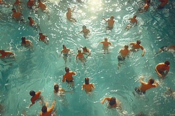 Water recreational event with a large group swimming in the pool