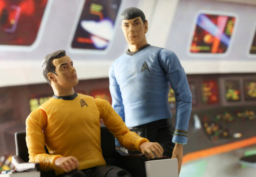 NEW YORK USA, JULY 9 2018: Scene from Star Trek the Original Series - Captain James T Kirk and First Officer Mr. Spock aboard the bridge of the USS Enterprise - Art Asylum action figures
