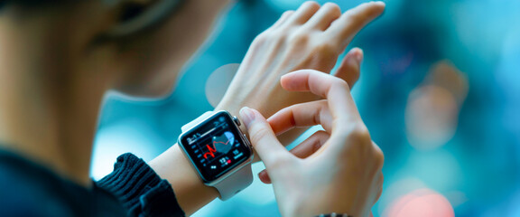 A wrist wearing a smartwatch outdoors, the screen displaying heart rate, step count, representing health monitoring and modern lifestyle. technologies with artificial intelligence. Banner. Copy space
