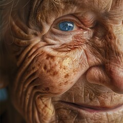 A woman with wrinkles on her face and blue eyes
