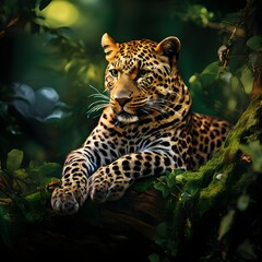 "Captivating image of a relaxed leopard lounging on a tree branch in a lush green forest."
