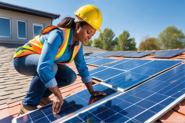 Young adult African engineer woman installing or repairing solar panels on house rooftop, wearing safety helmet and uniform. Worker installing photovoltaic panels. Concept of renewable energy