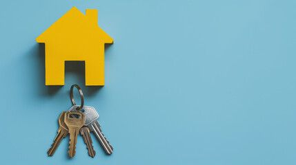 House key. Little yellow house with with keys on a blue color background. Concept: Buying new house, Real estate agent banner, mortgage or taking a loan to buy a apartment.