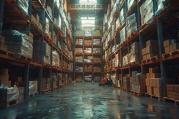 A building with shelves and boxes, a vast warehouse in the city