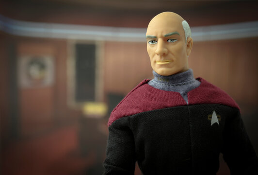NEW YORK USA, JULY 3 2018: Scene from Star Trek The Next Generation with Captain Jean-Luc Picard in his ready room aboard the USS Enterprise - Playmates 9 inch action figure