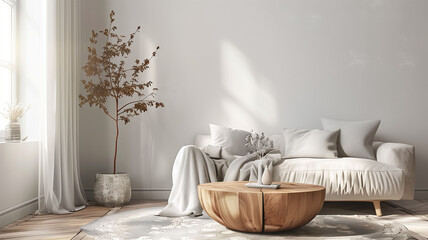 Beautiful cozy living room in natural tones with big white sofa with pillows. Scandinavian style house,