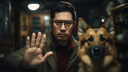 A man near a dog shows a stop sign with his hand, protects a dog against being caught an Asian