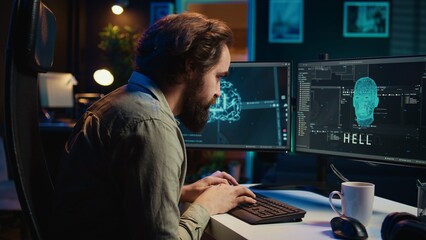 Computer engineer updating artificial intelligence algorithm, surprised after it gains sentience....