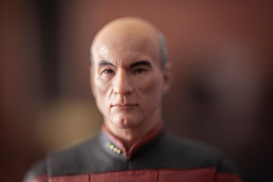 NEW YORK USA, MAY 27 2019: Recreation of a scene from Star Trek Next Generation with a likeness of Sir Patrick Stewart as Captain Jean-Luc Picard in his ready room - Make it so - McFarlane figure