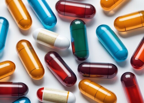 An Array of Pharmaceutical Capsules. This image displays a variety of colorful pharmaceutical capsules scattered across a pristine white surface. 