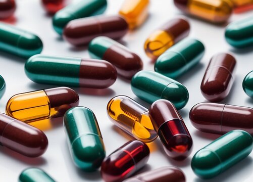 An Array of Pharmaceutical Capsules. This image displays a variety of colorful pharmaceutical capsules scattered across a pristine white surface. 