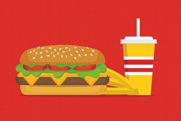 A playful vector illustration of a burger and soda, great for fast food promotions or menu visuals with a bold red background providing copy space.