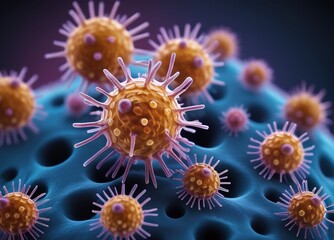 A mesmerizing microscopic view of viruses and bacteria, their intricate structures and vibrant colors stark against a deep blue backdrop. A fascinating peek into the unseen world of microbiology.