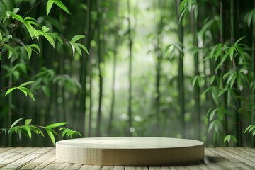 A tranquil bamboo grove background with a central podium for product showcasing, providing a...
