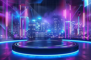 This podium shines with neon elegance against a cityscape bathed in nighttime hues, ideal for cutting-edge product reveals with ample space in the sky for modern, urban-themed copy.