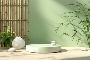 A zen-like podium setup, complemented by bamboo background and balancing stones, creates a calm environment for product display, offering a soothing scene with ample copy space. - obrazy, fototapety, plakaty