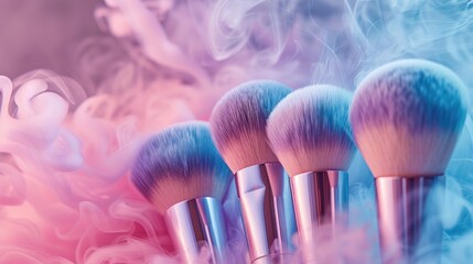 Makeup brushes with a vivid smoke trail in pastel colors, soft tones, fine details, high resolution, high detail, 32K Ultra HD, copyspace - obrazy, fototapety, plakaty
