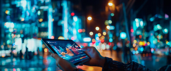 Finger tapping on a tablet with charts, amidst the vibrant city nightlife, representing urban connectivity. Digital modern technologies with artificial intelligence. Smart home. Banner. Copy space
