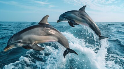 Two dolphins leaping joyfully over ocean waves under blue skies, soft tones, fine details, high resolution, high detail, 32K Ultra HD, copyspace
