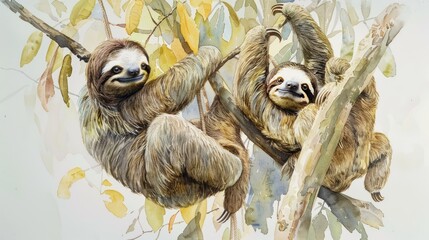Fototapeta premium Two sloths hanging from a tree branch, illustrated in watercolor, soft tones, fine details, high resolution, high detail, 32K Ultra HD, copyspace