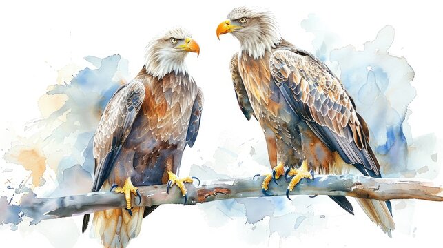 Two eagles perched on a branch in a watercolor style, soft tones, fine details, high resolution, high detail, 32K Ultra HD, copyspace