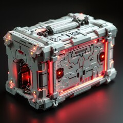 Sleek Futuristic D Render of a White Robotic Toolbox with Intricate Red Light Effects Symbolizing Technological Evolution