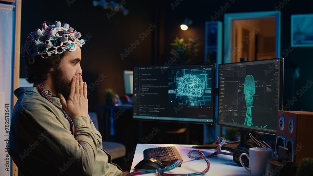 Poster it technician using eeg headset stupefied after mind upload virtual process is successful. man astou