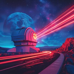 Robotic Telescope Emitting Mesmerizing Red Light Trails Highlighting Advancements in Astronomy - obrazy, fototapety, plakaty