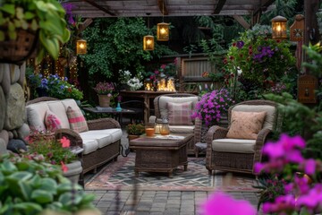 Fototapeta na wymiar Lush patio with plantfilled flowerpots, cozy couch, chairs, and table
