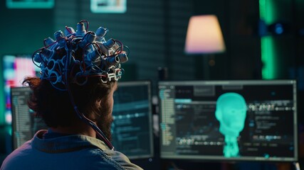 Developer with EEG headset on programming brain transfer into computer virtual world, becoming one...