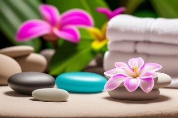 Obraz na płótnie Canvas Immerse in the tranquility of a spa retreat with this image. It showcases a harmonious blend of smooth spa stones and vibrant flowers, symbols of relaxation and rejuvenation.