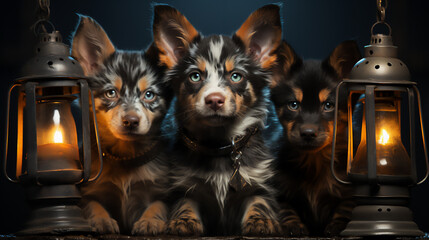 Three purebred Australian Shepherd puppies with blue eyes sitting between old oil lanterns - Powered by Adobe