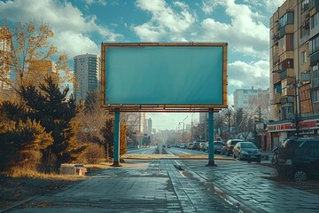 City street billboard overlooks skyline with buildings and clouds